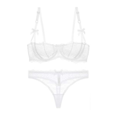 varsmiss Sexy Sheer Lace Underwire Bra Set with Thong, White, 75C