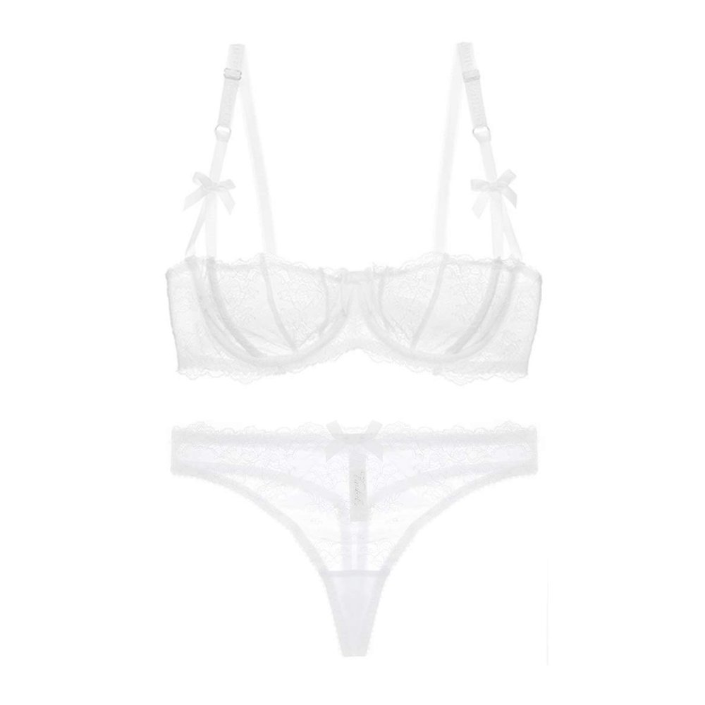 varsmiss Sexy Sheer Lace Underwire Bra Set with Thong, White, 75C