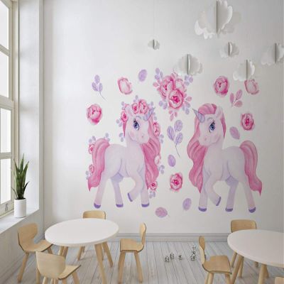 Pink Unicorn Wall Sticker with Flowers, 185 x 116 cm