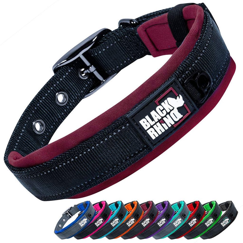Black Rhino Comfort Collar, Super-Soft Neoprene-Padded Dog Collar, Durable, Adjustable, Reflective, Weather-Resistant, XL, Wine Red/Black