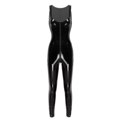 KHJK Active Women's Patent Leather Lingerie Catsuit with Crotch Zipper, Black, XL
