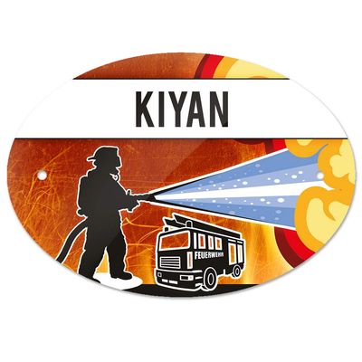 Door Sign with the Name Kiyan and Firefighter Motif | Children's Room Sign