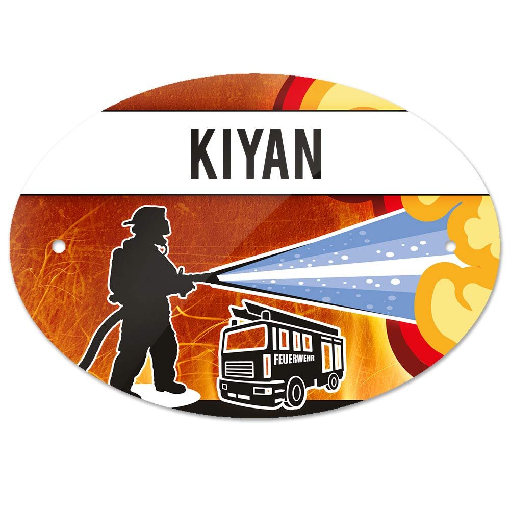 Door Sign with the Name Kiyan and Firefighter Motif | Children's Room Sign
