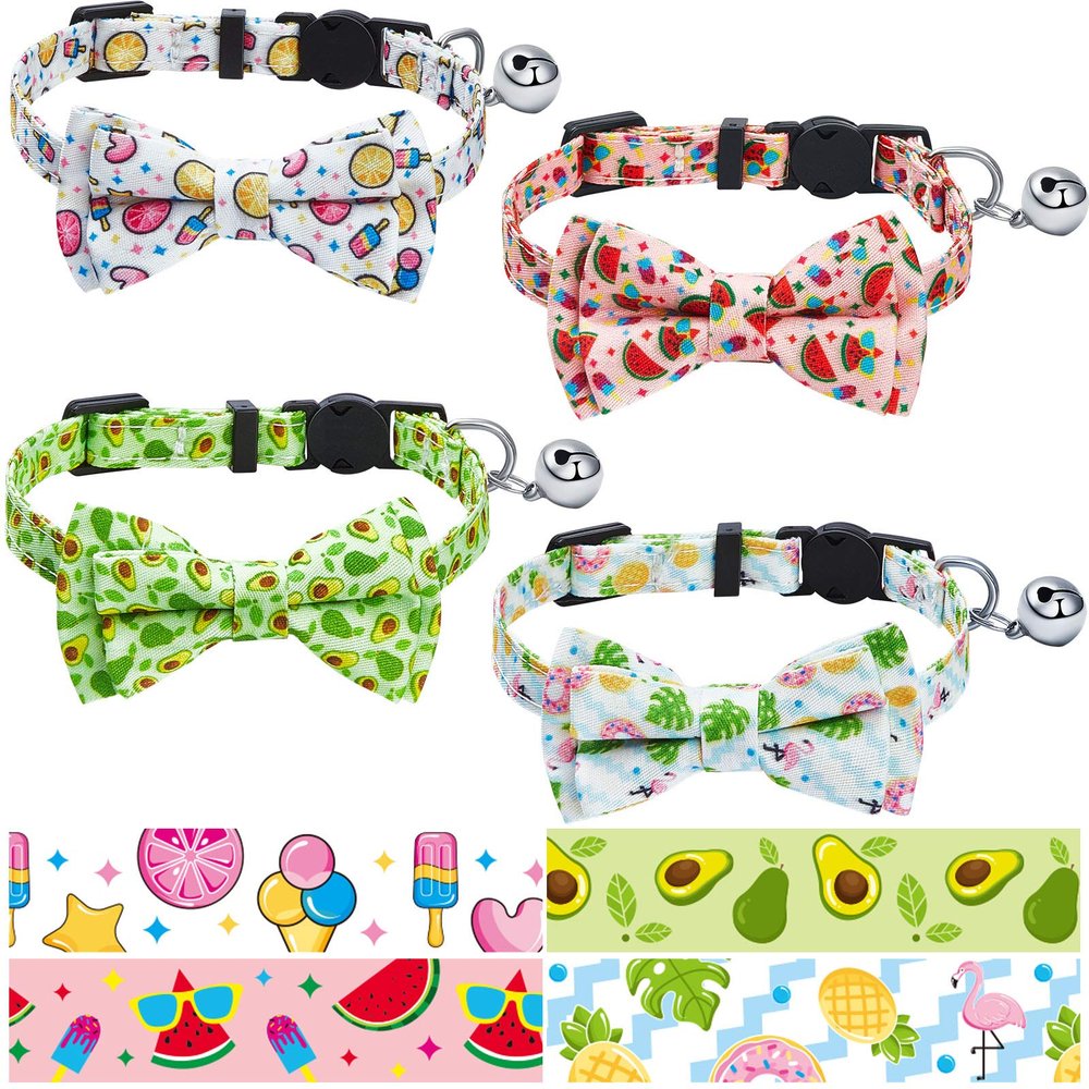 4-Piece Summer Cat Collar Set, Adjustable Breakaway Collars with Bows, Size S, 4 Styles