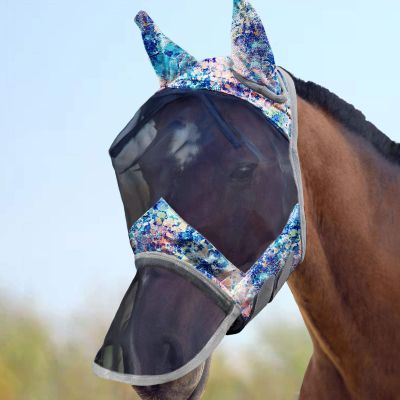 Harrison Howard CareMaster Horse Fly Mask with Long Nose, Ears & UV Protection, Pastel Mix (M)