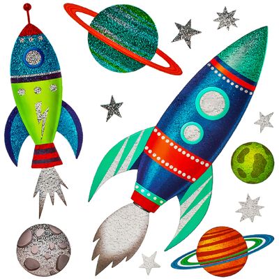 alles-meine.de GmbH Wall Stickers, Rocket, Planets & Outer Space, 12-Piece Set, 3D Glitter, Reusable