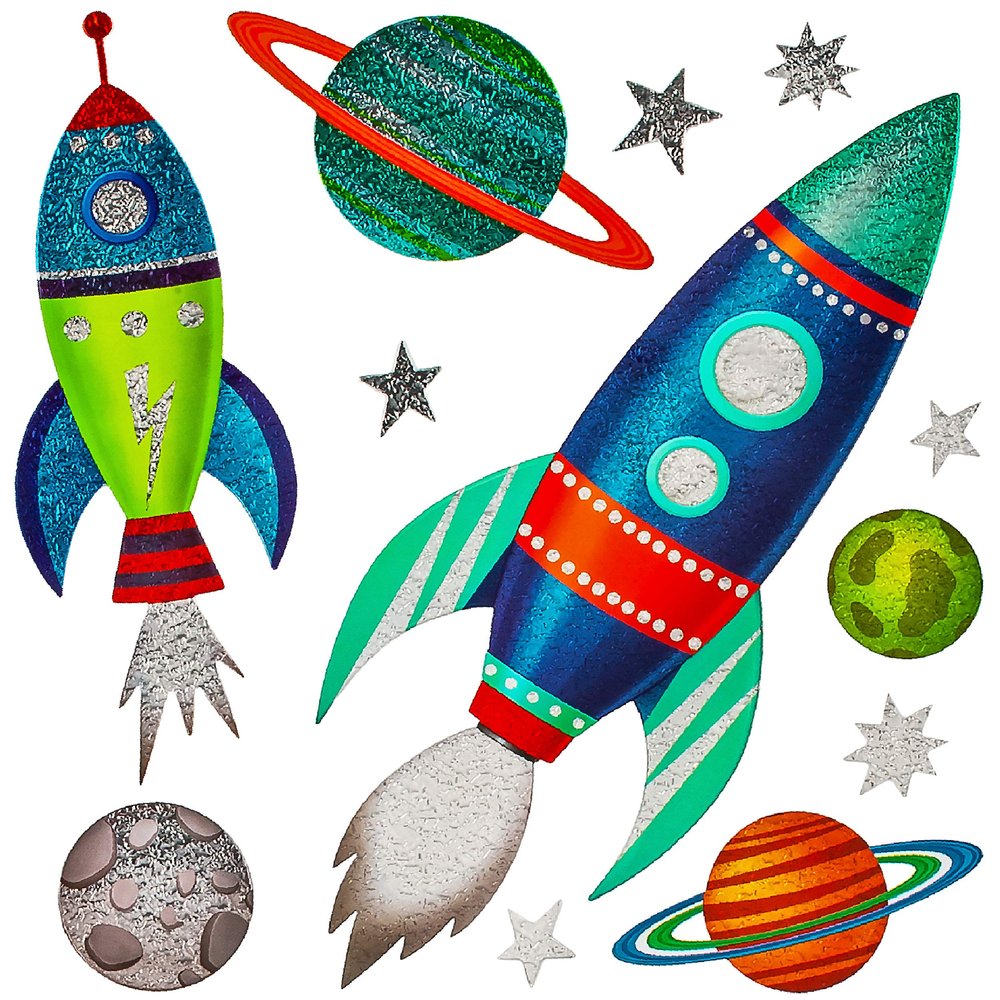 alles-meine.de GmbH Wall Stickers, Rocket, Planets & Outer Space, 12-Piece Set, 3D Glitter, Reusable
