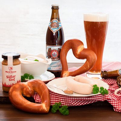 WURSTBARON Premium Weisswurst Gift Package with Pretzels, Beer and Sweet Mustard