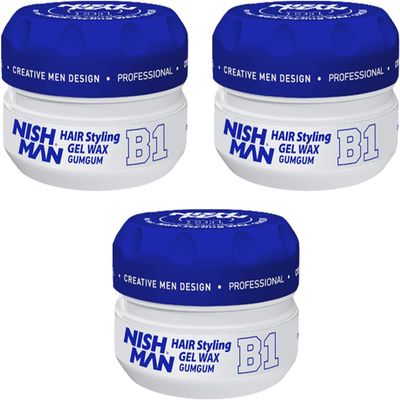 NISHMAN Hair Styling Wax for Men, B1 GumGum, 150 ml Gummy Wax | Edge Control | Ultra-High Hold | Aqua Wax, 3-Pack