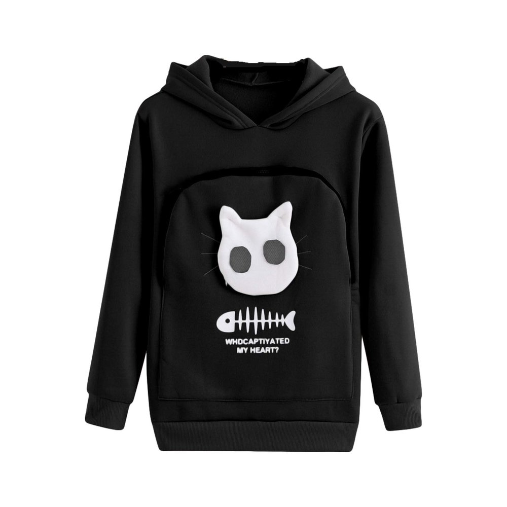 OQSM Fluffsy Cat & Dog Pouch Hoodie, Unisex Sweatshirt, Black, S