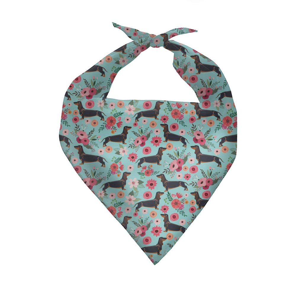 COEQINE Soft Dog Bandana, Floral Black Dachshund Print, Mint Green