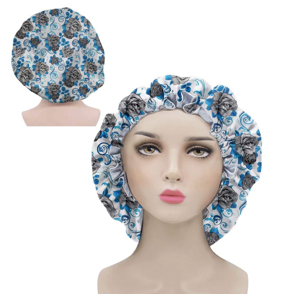 chaqlin Women's Reversible Satin Sleep Bonnet with Blue Floral Print