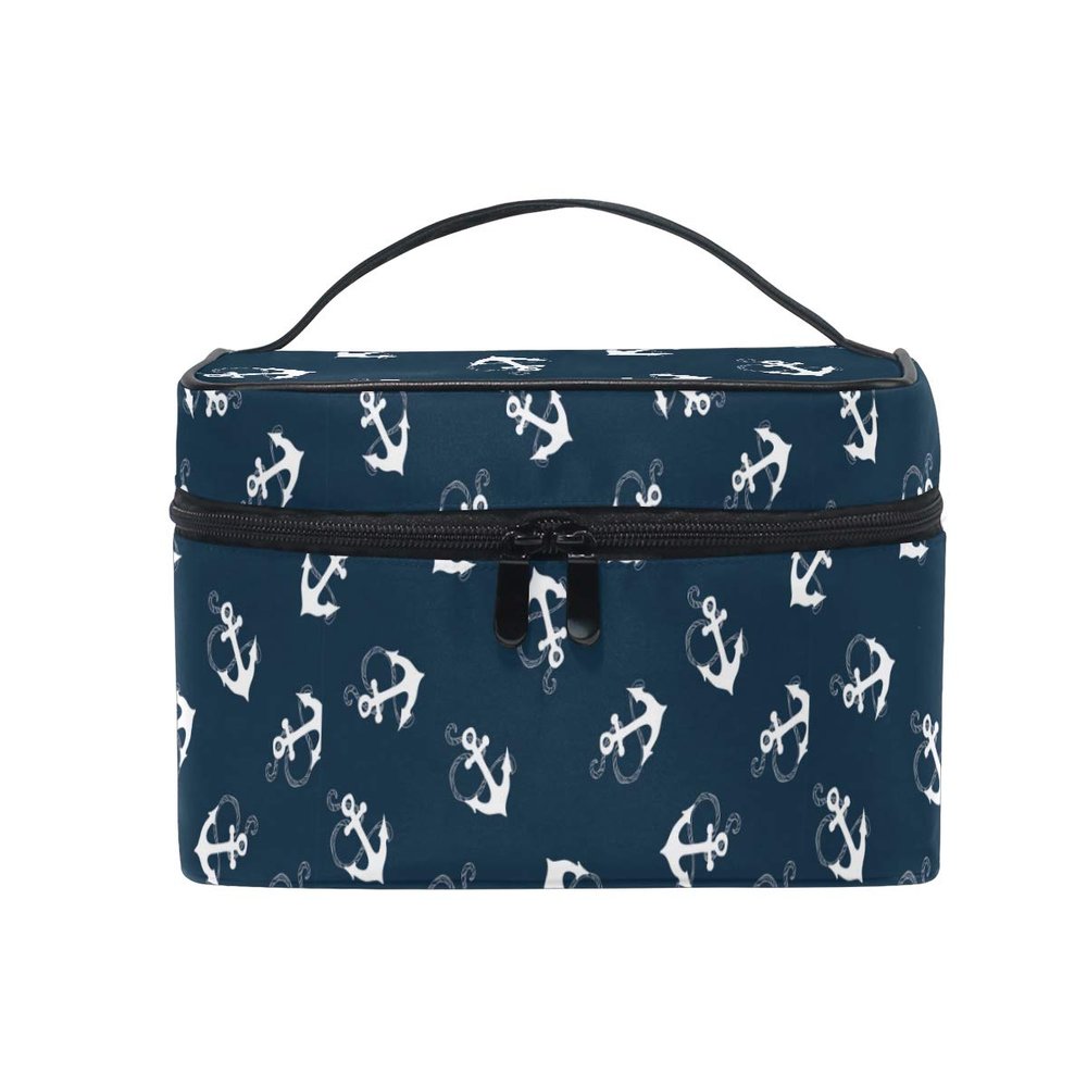 HaJie Large-Capacity Makeup Bag, Navy Blue Anchor Pattern