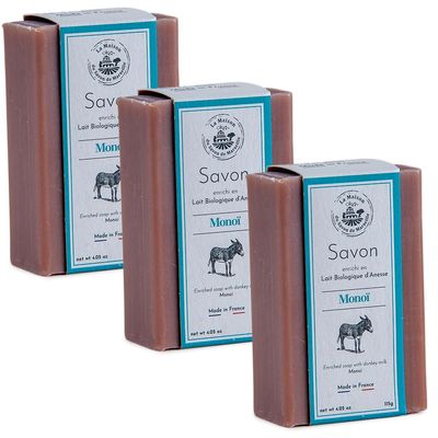 Maison du Savon de Marseille French Soap with Fresh Organic Donkey Milk, Monoi Scent, 3 x 125 g Bars