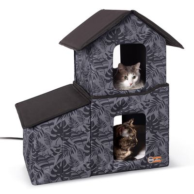 K&H PET PRODUCTS Two-Story Outdoor Cat House with Dining Room, Heated, Gray Leaf, 55.9 x 68.9 x 68.9 cm