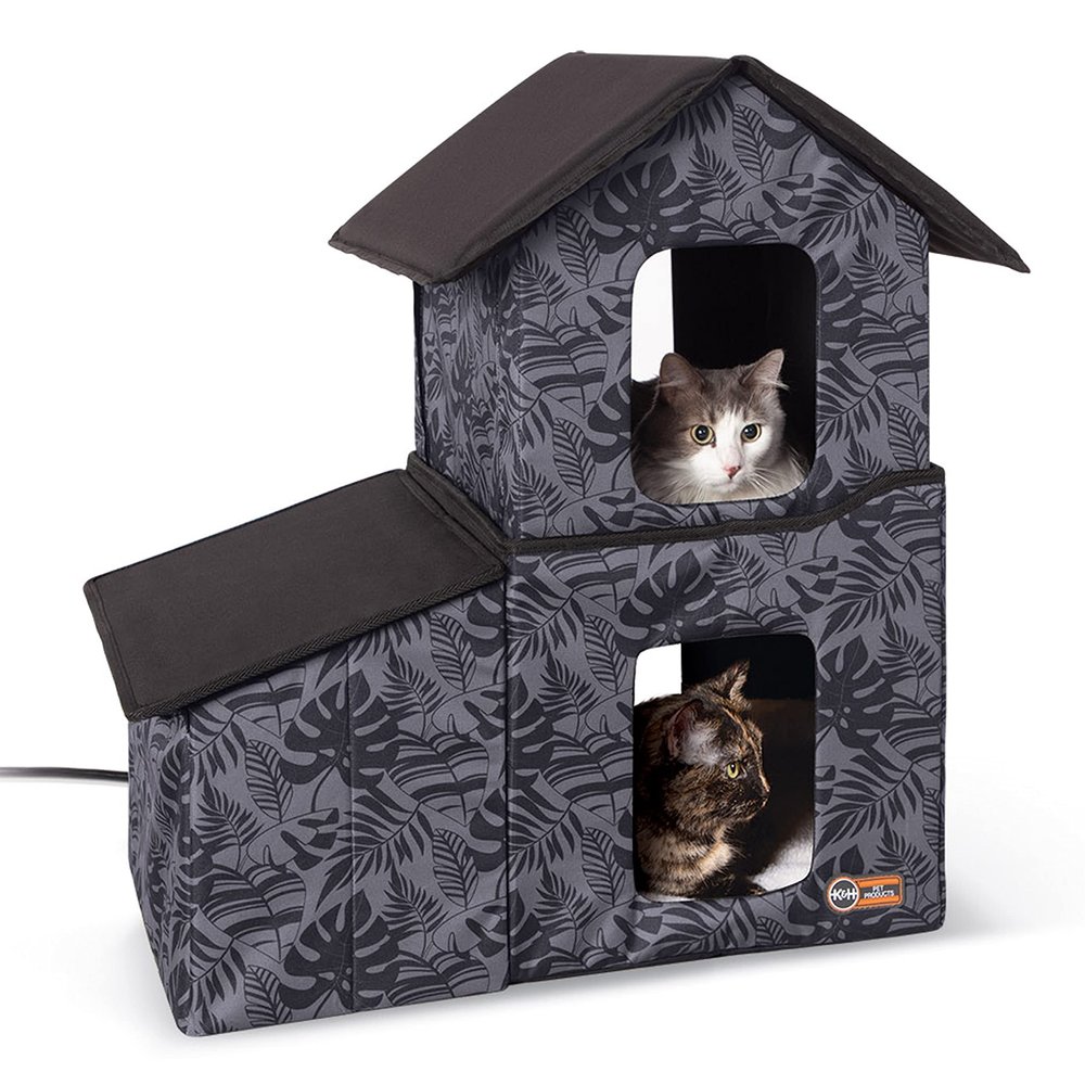K&H PET PRODUCTS Two-Story Outdoor Cat House with Dining Room, Heated, Gray Leaf, 55.9 x 68.9 x 68.9 cm
