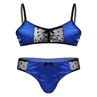 Zaldita Men's Sissy Costume Satin Underwear Set, Mesh Bra with G-String, Blue, L