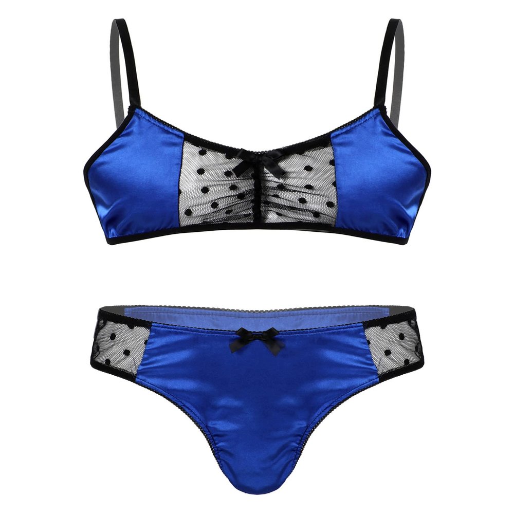 Zaldita Men's Sissy Costume Satin Underwear Set, Mesh Bra with G-String, Blue, L