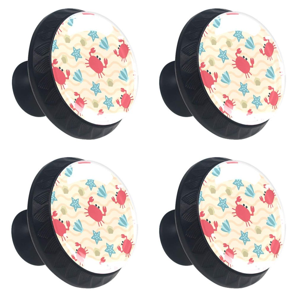 Kids' Room Furniture Knobs, Crab/Starfish/Shell Shapes, Black, 4-Pack, 3.5 × 2.8 cm