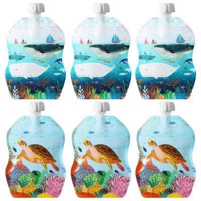 ChooMee Reusable Baby Food Pouches, BPA-Free, Leakproof, Refillable, 6-Pack, 8 oz, SeaLife