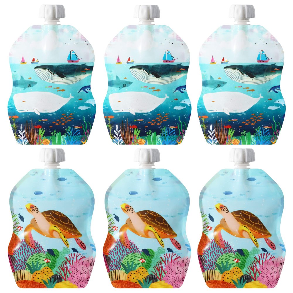 ChooMee Reusable Baby Food Pouches, BPA-Free, Leakproof, Refillable, 6-Pack, 8 oz, SeaLife