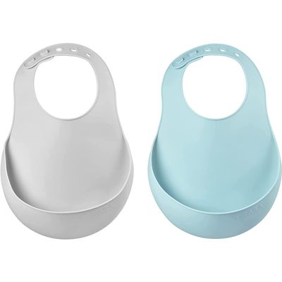 BEABA Baby Bibs, Waterproof Silicone, Adjustable Neckband, Large Food Catcher Pocket, Light Mist/Airy Green, 2-Pack