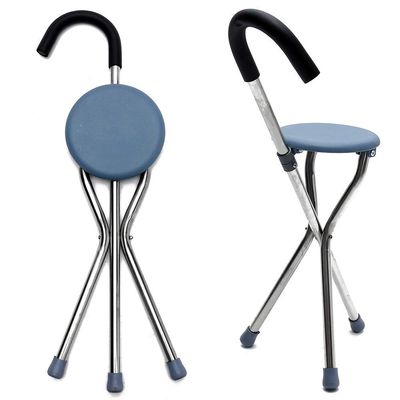 Folding Walking Cane with Plastic Seat, Non-Slip Tripod Base