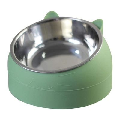 Pet Cat Bowl, Stainless Steel, 15° Angled, Green, 400 mL