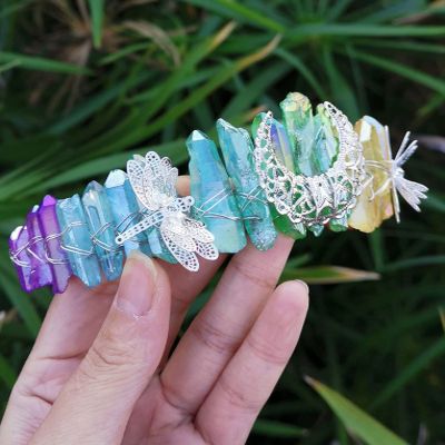 Giftik Natural Crystal-Covered Colorful Headband, Handmade Dragonfly Accessory, Moon Crown Bridal Hair Accessory