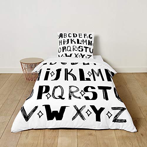 Morbuy Kids' Bedding Set with Cartoon Pattern, Microfiber Duvet Cover and Pillowcase, 2-Piece (135 x 200 cm + 50 x 75 cm, Alphabet)
