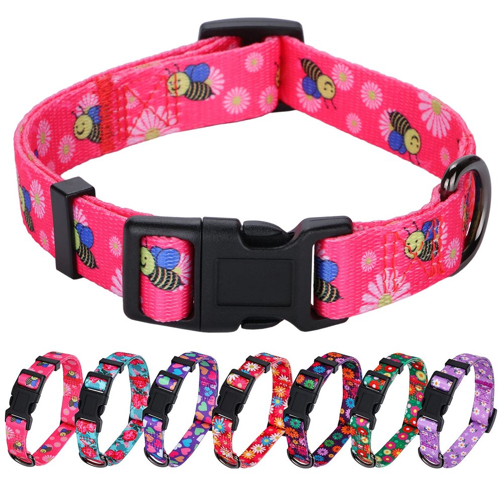Rhea Rose Pink Dog Collar Summer Daisy and Bee Print for Large Dogs