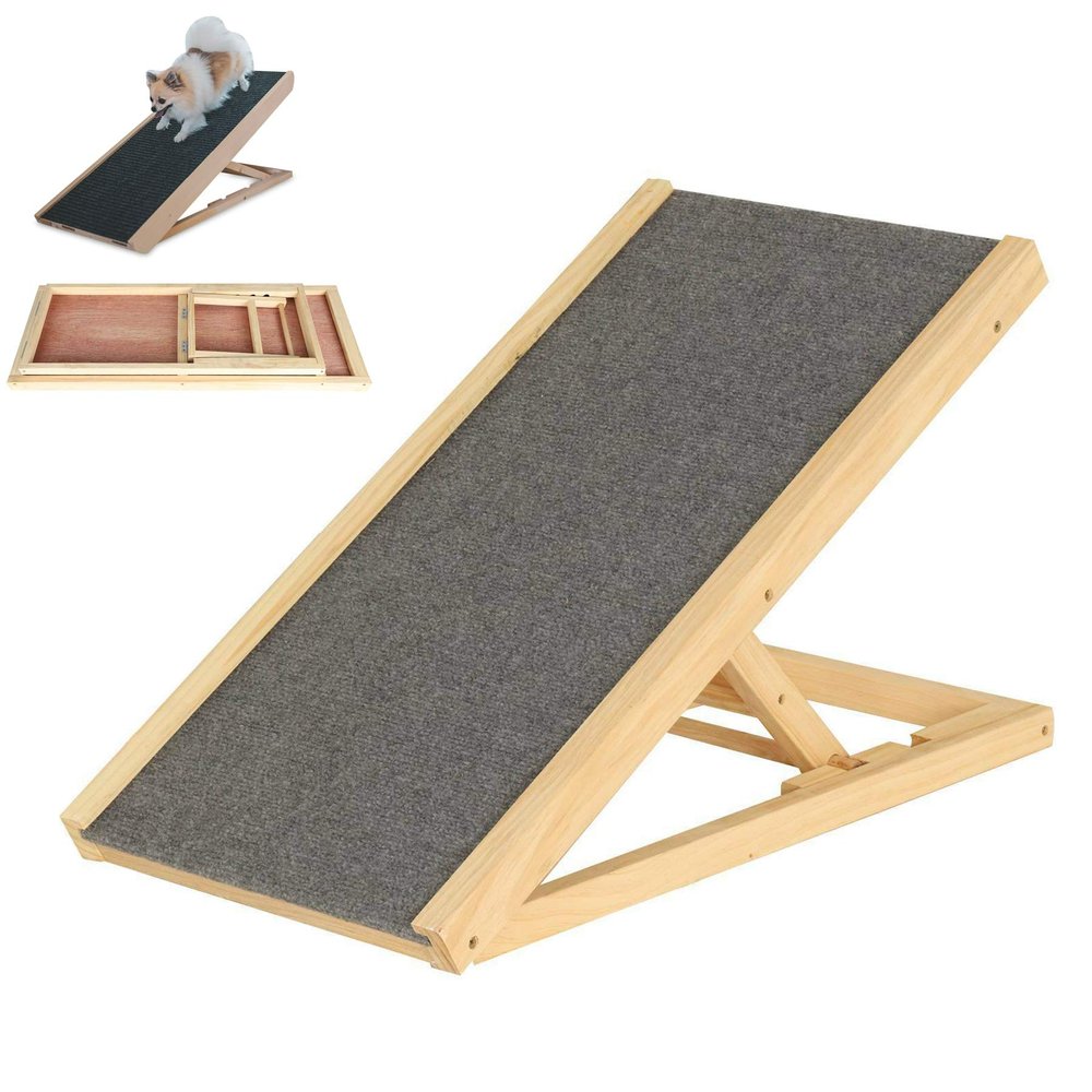 DayPlus Adjustable Wooden Dog Ramp, Non-Slip Carpet, 70 x 35 cm, 30/40 cm Height