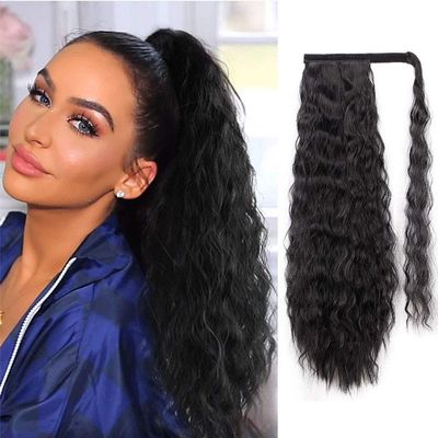Remeehi 18 in 100 g Wavy Human Hair Wrap-Around Ponytail Extension, 1B Natural Black