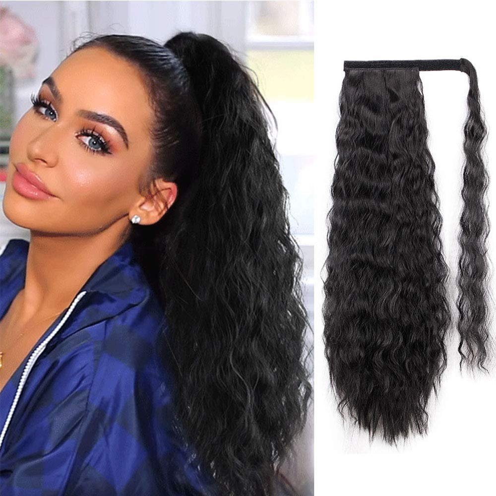 Remeehi 18 in 100 g Wavy Human Hair Wrap-Around Ponytail Extension, 1B Natural Black