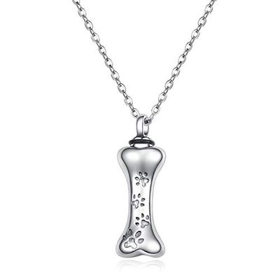 Pet Memorial Urn Necklace with Dog Bone and Paw Print Charm