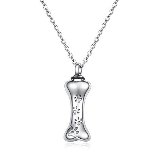 Pet Memorial Urn Necklace with Dog Bone and Paw Print Charm