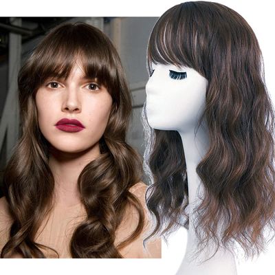 Bangs Extension Hairpiece, Loose Wave, Synthetic Topper, Natural Skin Base, Full Wig, 45 cm, Dark Brown