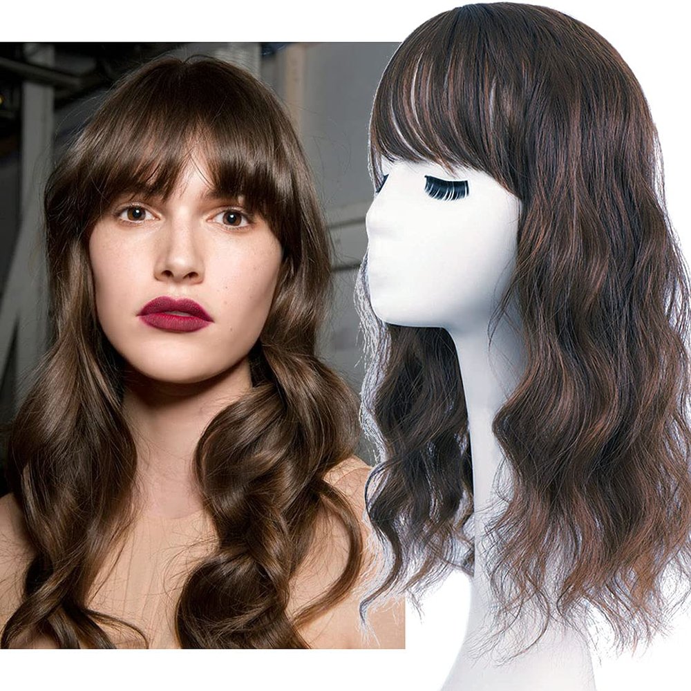 Bangs Extension Hairpiece, Loose Wave, Synthetic Topper, Natural Skin Base, Full Wig, 45 cm, Dark Brown