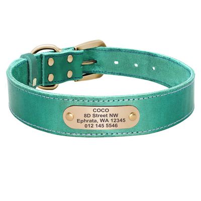 EUSFIYY Custom Leather Dog Collar and Leash Set, Personalized Pet Collar and Leash with Engraved ID Tag, for Medium Dogs, Green, Size M