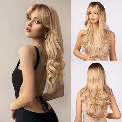 Honygebia Blonde Wig with Bangs, Ombre Blonde, Long Wavy Synthetic Hair