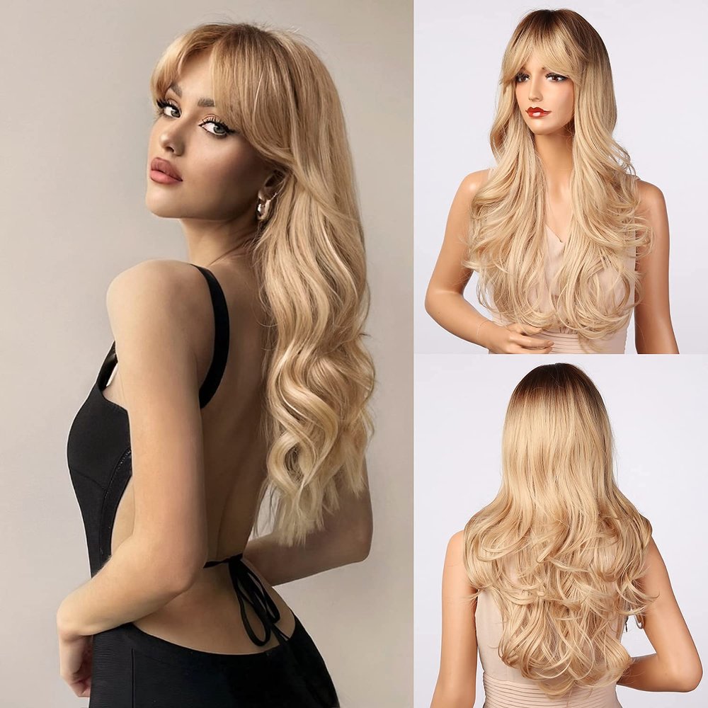 Honygebia Blonde Wig with Bangs, Ombre Blonde, Long Wavy Synthetic Hair
