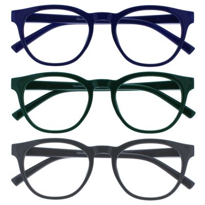 OPULIZE BLU Blue-Light-Filter Reading Glasses for Women and Men, Round Frame, 3-Pack, +3.50