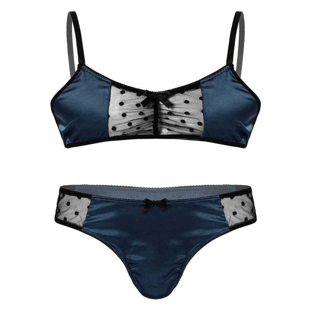 MSemis Men's Sissy Lingerie Set, Sheer Lace Bra and Thong, Dark Blue, M