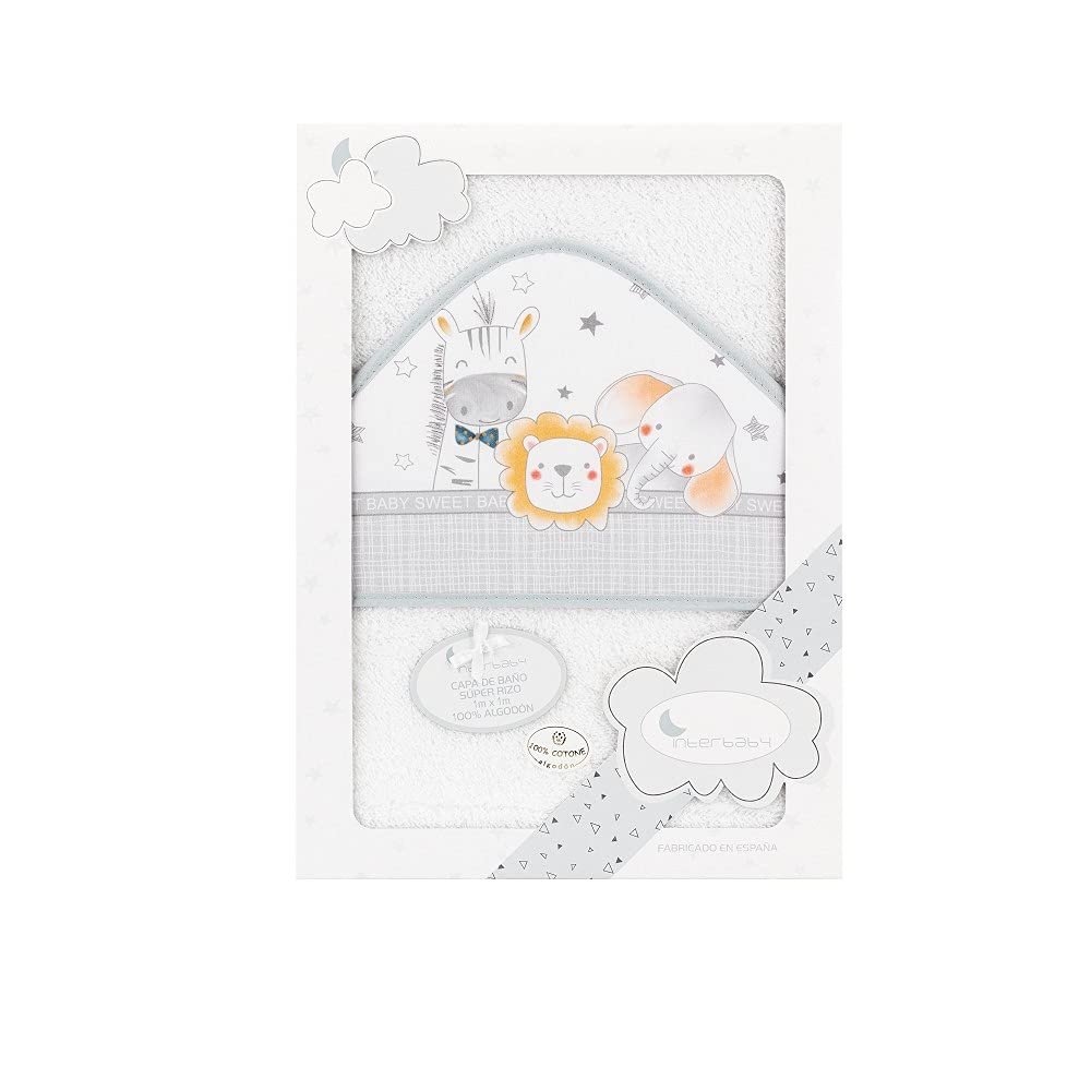 Interbaby 01229-18 ANIMALITOS Baby Hooded Bath Towel, White and Gray