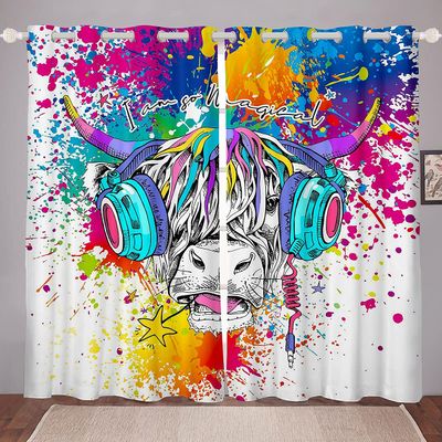 Teen Hip-Hop Window Curtains, 183 x 117 cm, Gray Bull Head with Headset, Colorful Graffiti, 2-Piece Set