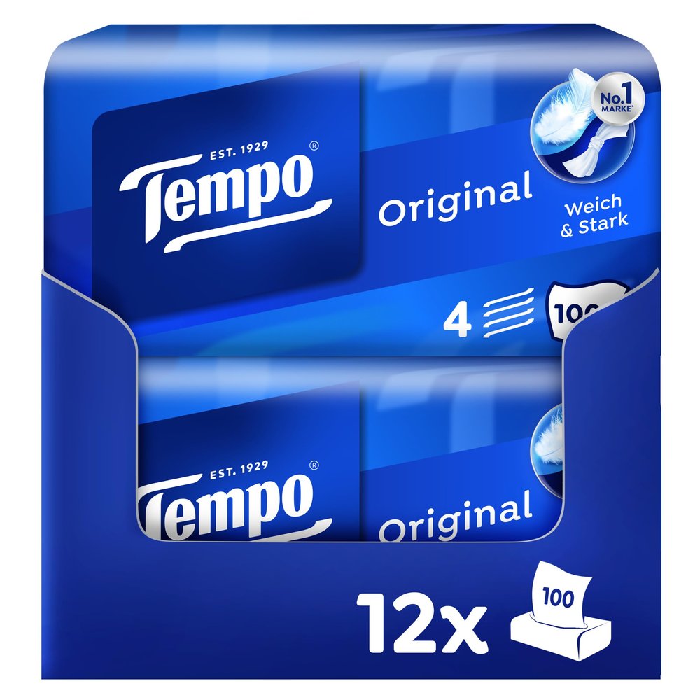 Tempo Original Facial Tissue Box, Value Pack – 12 Boxes, 100 Tissues per Box, Extra-Strong, Soft, Machine-Washable