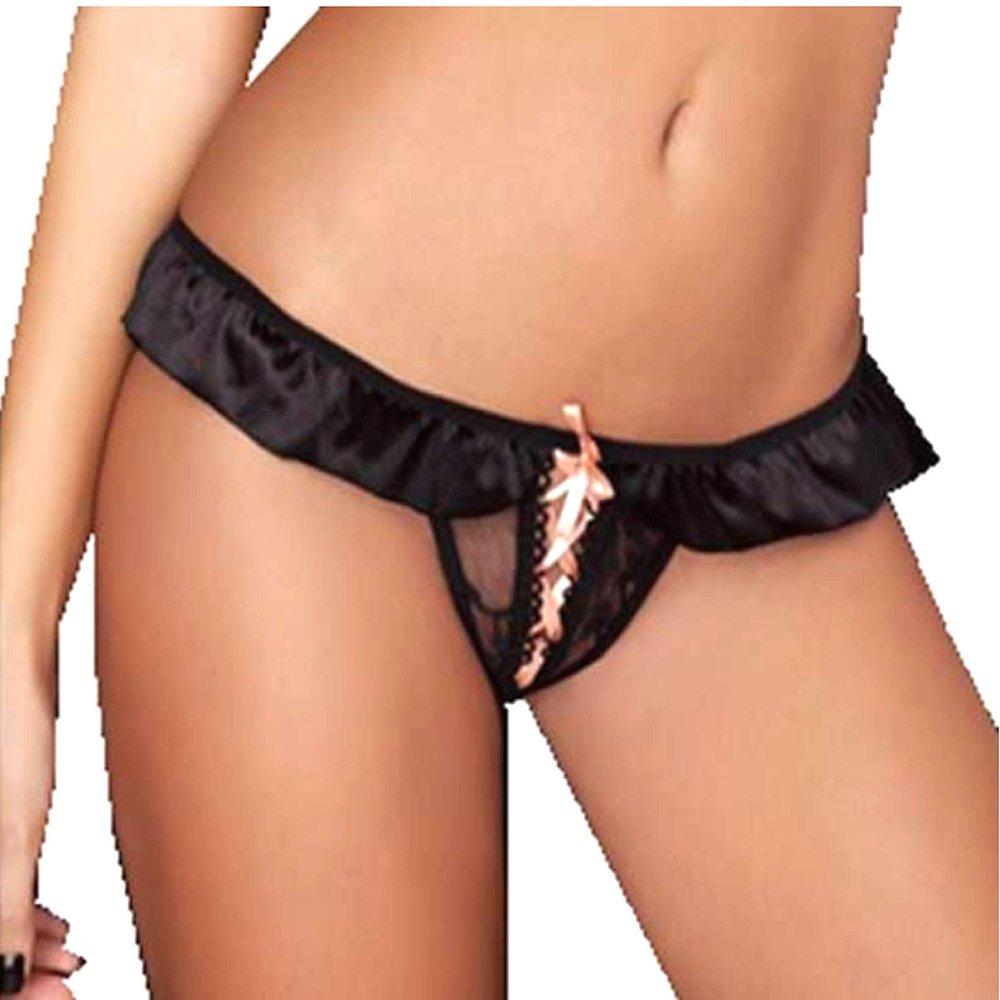 OT Sally Crotchless Thong Women's Briefs, Black, Passion Lingerie, Size 2XL/3XL