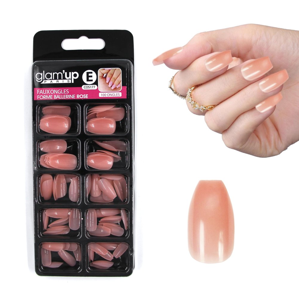 Glam'Up Paris Full-Coverage Artificial Nails, 100 Count, Ballerina Shape, No. 177 Pink