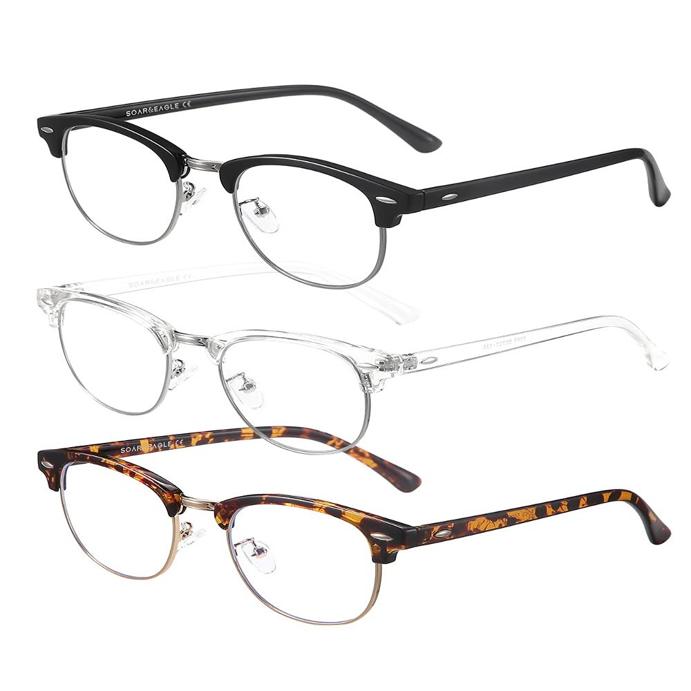SOAR&EAGLE Blue Light Blocking Computer Glasses, Retro Semi-Rimless, UV400, Clear Lenses, 3 Pairs