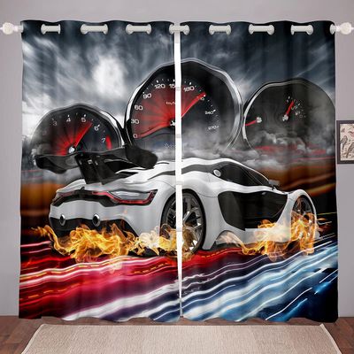 Loussiesd Race Car Opaque Curtains, Speed Sports Car Design, 137 x 117 cm, White